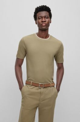 Shop Hugo Boss Slim-fit T-shirt In Structured Cotton With Double Collar In Light Green