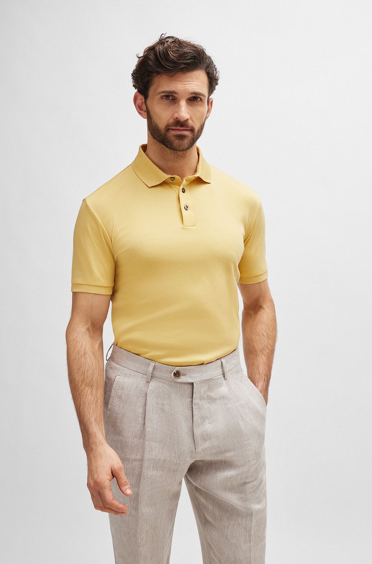 Regular-fit polo shirt in mercerized Italian cotton, Light Yellow