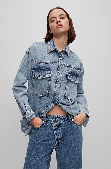 Relaxed-fit shirt in moonwashed denim with patch pockets, Turquoise