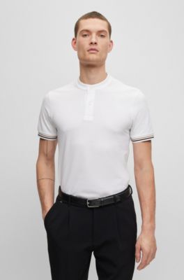 Shop Hugo Boss Collarless Slim-fit Polo Shirt In Cotton Piqu In White