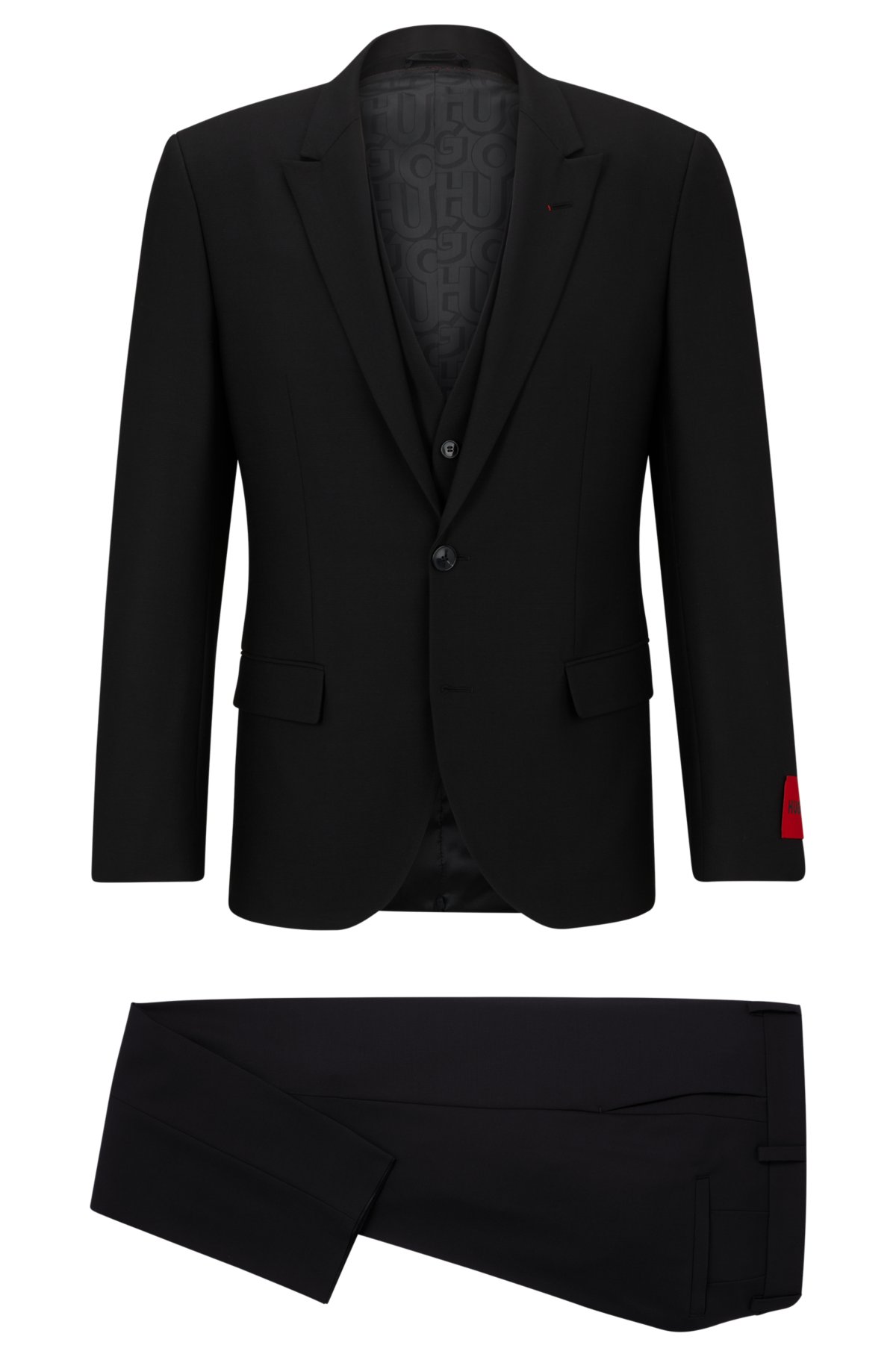 Three-piece slim-fit suit in performance-stretch fabric, Black