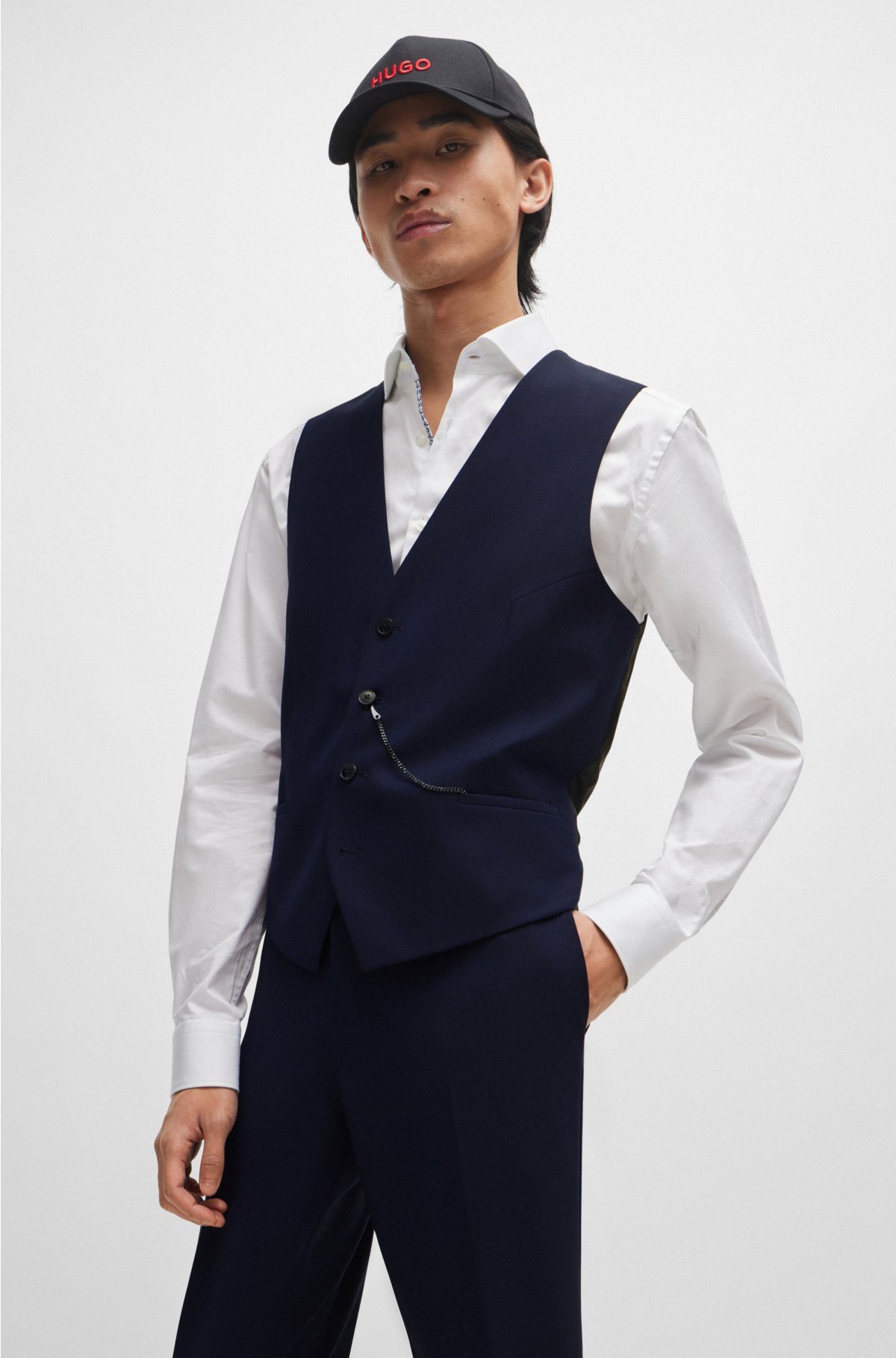 Three-piece slim-fit suit in performance-stretch fabric, Dark Blue