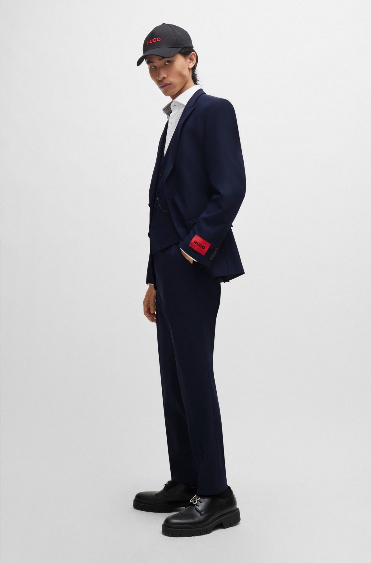 Three-piece slim-fit suit in performance-stretch fabric, Dark Blue