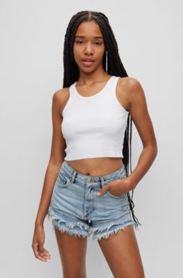 Hugo Cropped Slim-fit Tank Top In Stretch Cotton In White