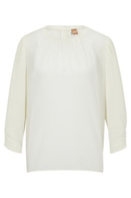 Women's White Long Sleeve V Neck Collarless Ladies' A-Line Blouse