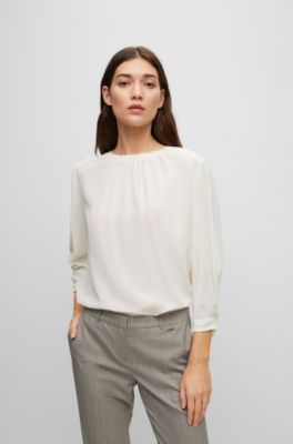 Hugo Boss Regular-fit Collarless Blouse In Washed Silk In White