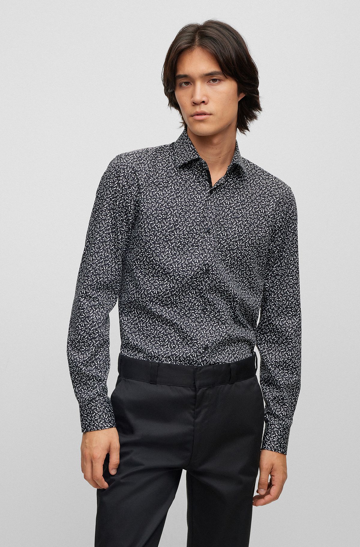 Slim-fit shirt in printed stretch-cotton satin, Black