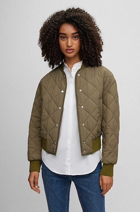 Diamond-quilted regular-fit jacket with branded poppers, Dark Green