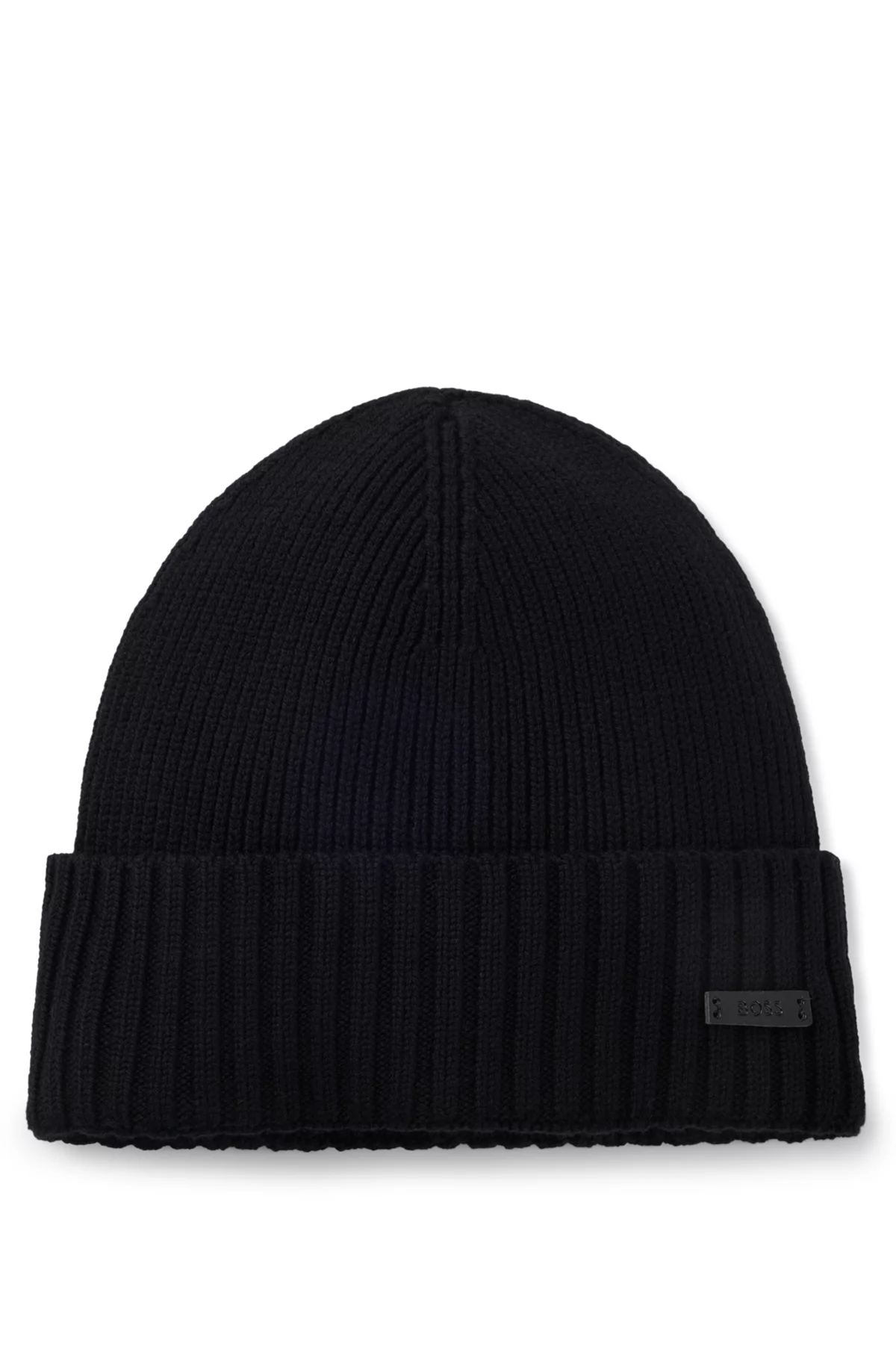 Rib-knit virgin-wool beanie with logo plaque, Black