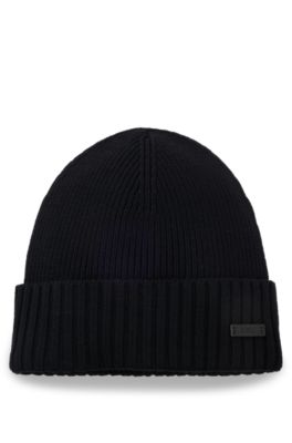 Gorro de punto en lana virgen con placa con logo, Negro
