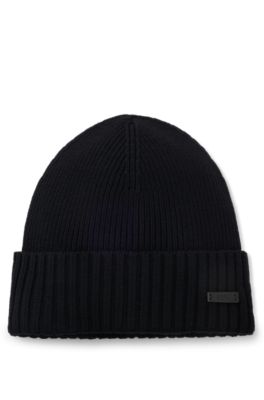Rib-knit virgin-wool beanie with logo plaque, Black