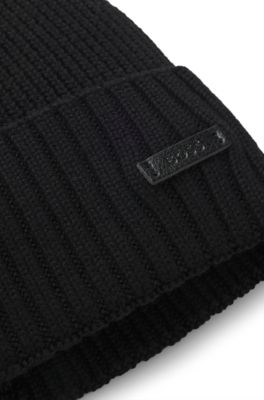 Rib-knit virgin-wool beanie with logo plaque, Black