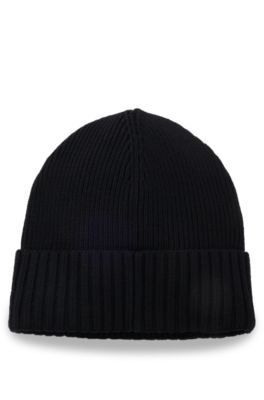 Gorro de punto en lana virgen con placa con logo, Negro