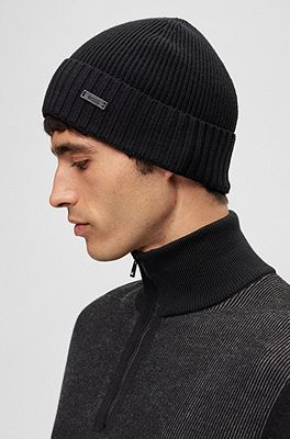 BOSS - Ribbed beanie hat in virgin wool
