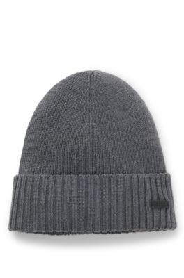 Rib-knit virgin-wool beanie with logo plaque, Grey