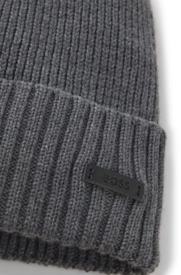 Rib-knit virgin-wool beanie with logo plaque, Grey