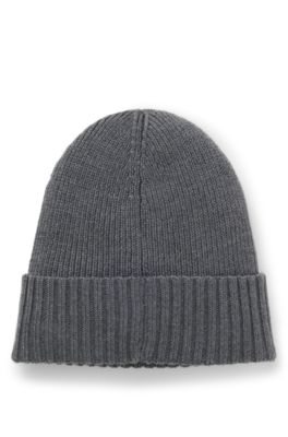 Rib-knit virgin-wool beanie with logo plaque, Grey