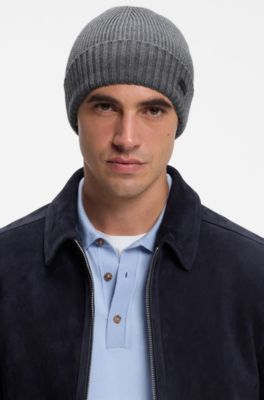 Rib-knit virgin-wool beanie with logo plaque, Grey