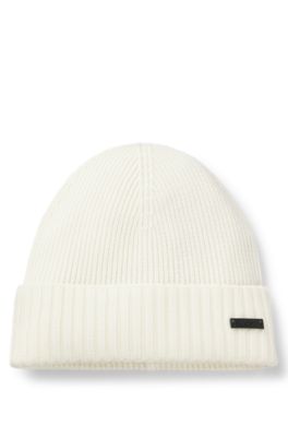 Rib-knit virgin-wool beanie with logo plaque, White