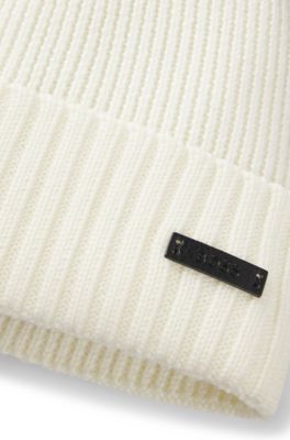 Rib-knit virgin-wool beanie with logo plaque, White