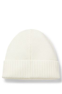 Rib-knit virgin-wool beanie with logo plaque, White
