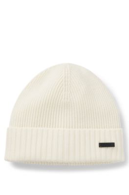 Hugo Boss Ribbed Beanie Hat In Virgin Wool In White