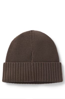 Rib-knit virgin-wool beanie with logo plaque, Dark Brown
