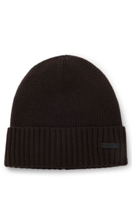 Rib-knit virgin-wool beanie with logo plaque, Dark Brown