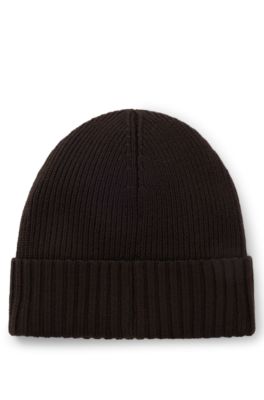 Rib-knit virgin-wool beanie with logo plaque, Dark Brown