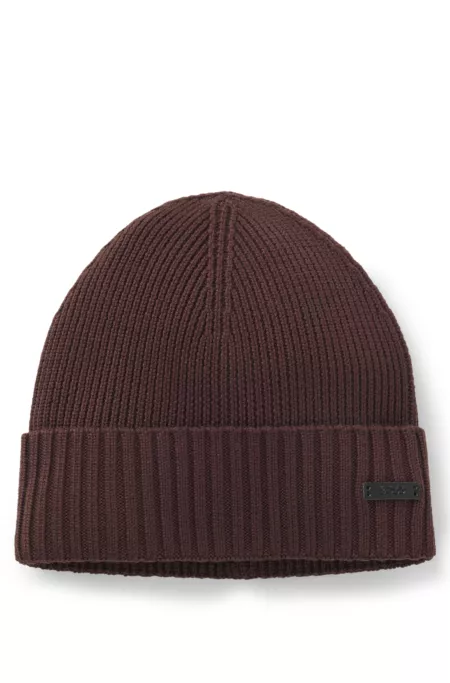Rib-knit virgin-wool beanie with logo plaque