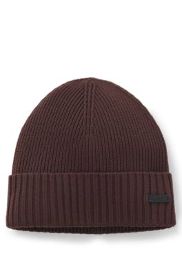 Gorro de punto en lana virgen con placa con logo, Marr&oacute;n oscuro