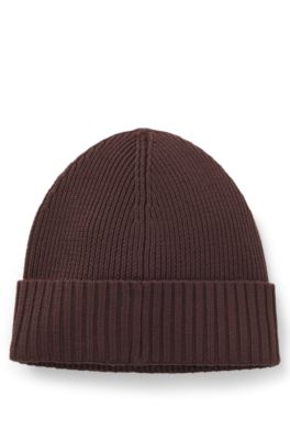 Gorro de punto en lana virgen con placa con logo, Marr&oacute;n oscuro