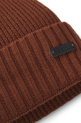 Rib-knit virgin-wool beanie with logo plaque, Brown
