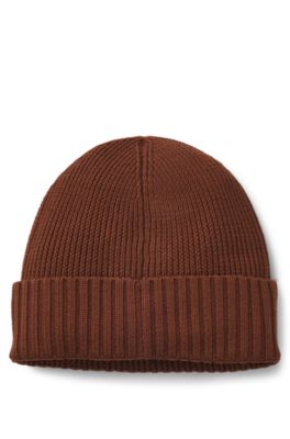 Rib-knit virgin-wool beanie with logo plaque, Brown
