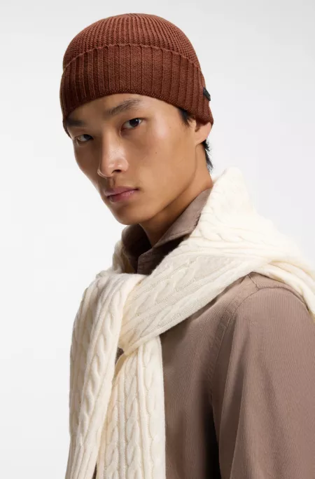 Rib-knit virgin-wool beanie with logo plaque