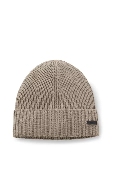Rib-knit virgin-wool beanie with logo plaque