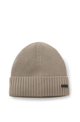 Gorro de punto en lana virgen con placa con logo, Marr&oacute;n claro