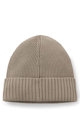 Gorro de punto en lana virgen con placa con logo, Marr&oacute;n claro
