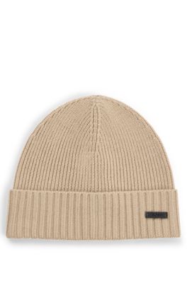 Gorro de punto en lana virgen con placa con logo, Beige claro