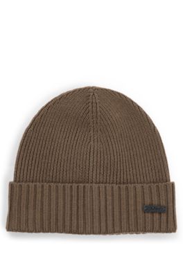 Hugo Boss Ribbed Beanie Hat In Virgin Wool In Light Green