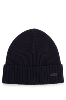 Gorro de punto en lana virgen con placa con logo, Azul oscuro
