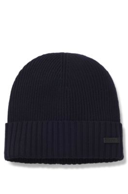 Gorro de punto de canal&eacute; en lana virgen con placa con logo, Azul oscuro