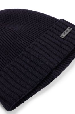 Gorro de punto en lana virgen con placa con logo, Azul oscuro
