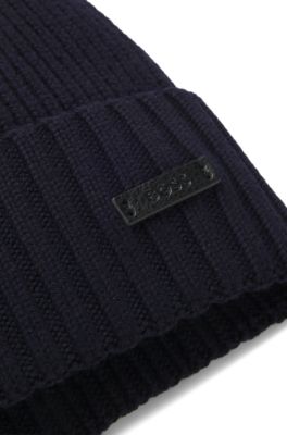 Rib-knit virgin-wool beanie with logo plaque, Dark Blue