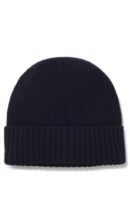 Rib-knit virgin-wool beanie with logo plaque, Dark Blue