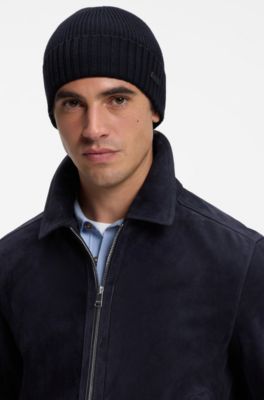 Rib-knit virgin-wool beanie with logo plaque, Dark Blue