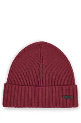 Hugo Boss Ribbed Beanie Hat In Virgin Wool In Dark Red