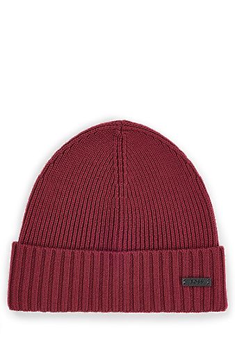 Ribbed beanie hat in virgin wool, Dark Red