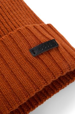 Rib-knit virgin-wool beanie with logo plaque, Dark Orange