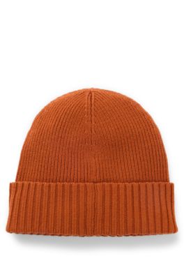 Rib-knit virgin-wool beanie with logo plaque, Dark Orange